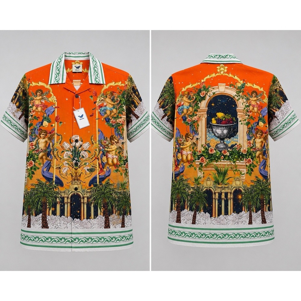 Yiume Hawaiian Bold Renaissance Cherub Pattern ButtonDown S/S Shirt Men's 2XL